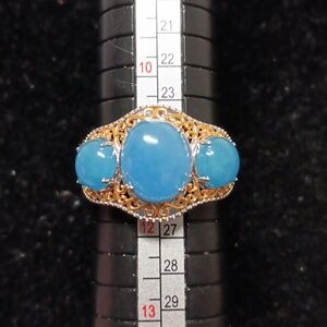 Blue Jade (D) 8.50 ctw 3 Stone Ring in 18K Vermeil YG and Rhodium Over Sterling